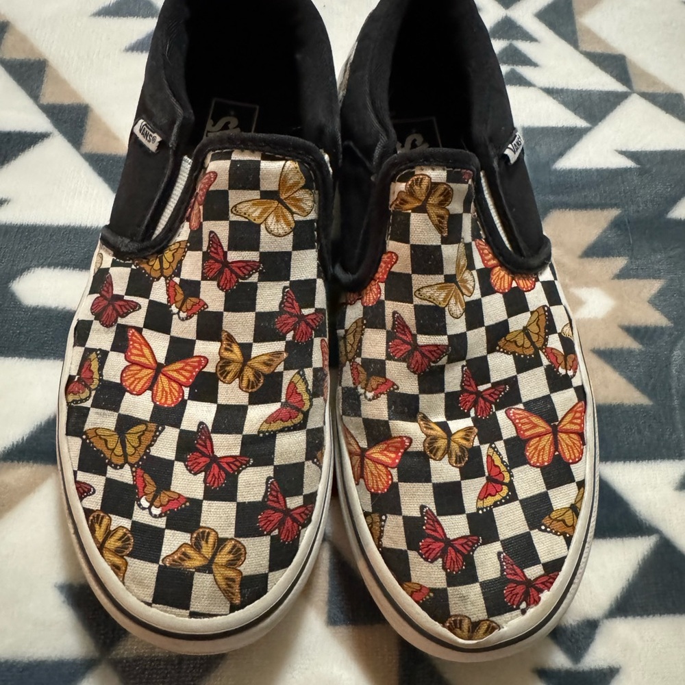 Vans Kids Slip-On Shoes - Black and Multicolor Butterfly Design